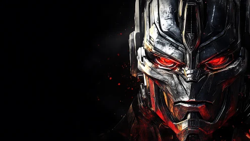 Cybernetic war machine portrait renders molten red optics