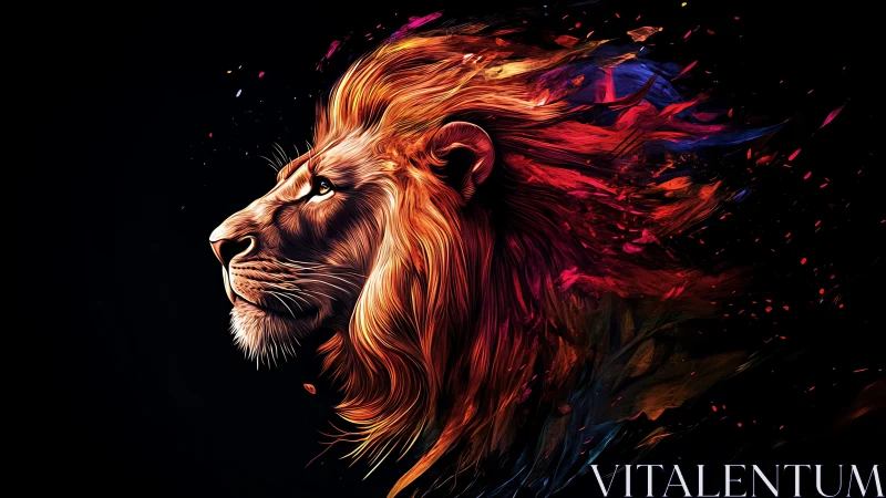 Lion profile with fiery abstract mane on dark background.