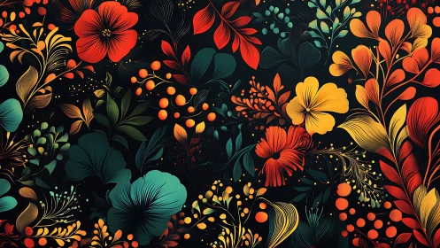 Dense floral pattern shows glowing tropical blooms on black