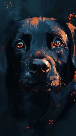 Digital portrait of black dog with orange reflective highlights.