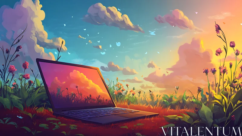 Laptop in colorful meadow under vivid sunset sky.