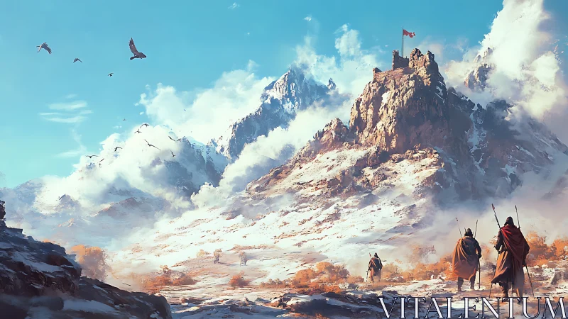 Medieval travelers approach a citadel atop a snowbound peak