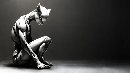 Chrome feline android kneels in high-contrast directional lighting