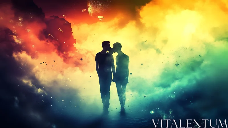 Two Souls Kissing Amid Rainbow Clouds Explosion