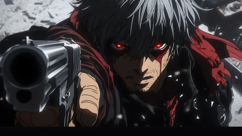 Fierce silver haired antihero aims forward with burning resolve.