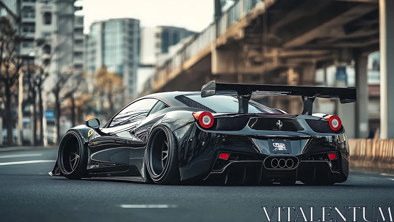 Modified black supercar with widebody kit and large rear wing