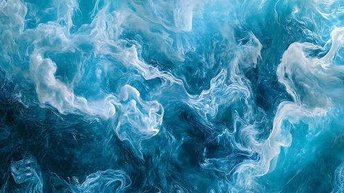 Fluid turquoise abstraction with swirling vapor structures.