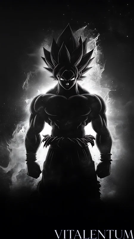 Silhouetted anime warrior in blazing monochrome aura.