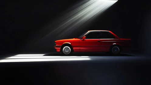 Red classic coupe parked in focused studio light beams