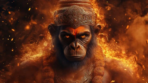 Fiery warrior ape deity crowned in molten embers.