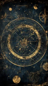 Celestial star map with distressed gilded astrological rings.