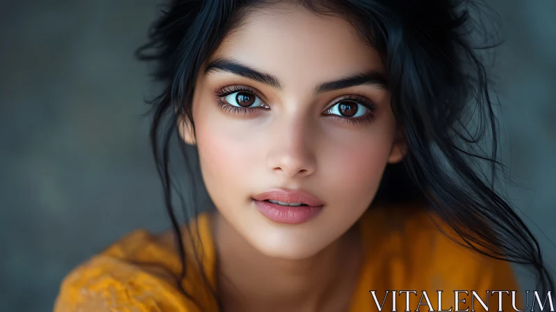 Young woman portrait shows close frontal view and soft focus