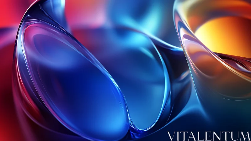 Curved translucent forms in blue, red, and orange light.