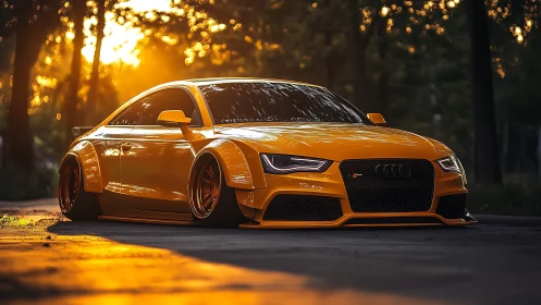 Widebody Audi coupe rendered in dramatic golden hour backlight