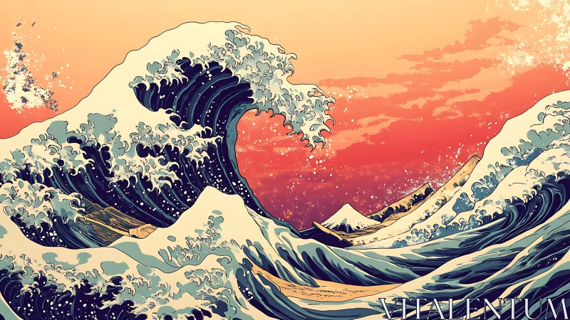 Stylized ocean waves with distant mountain under sunset sky.