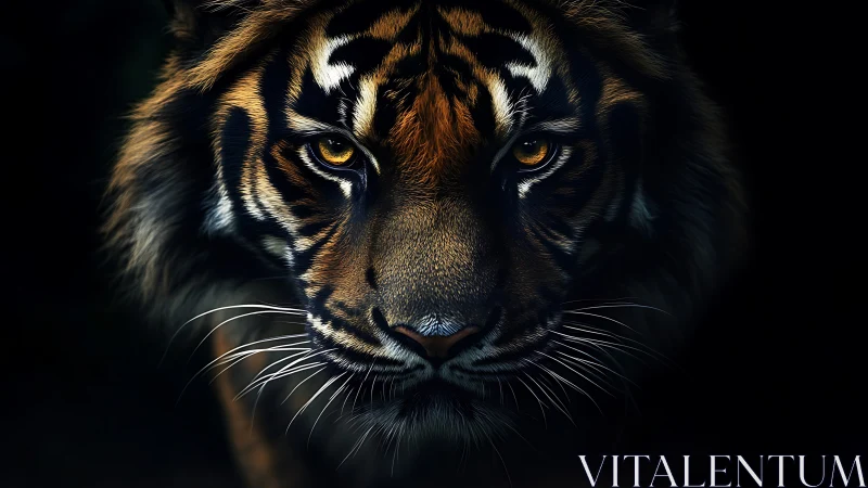 Tiger portrait fills frame with luminous eyes in deep shadow