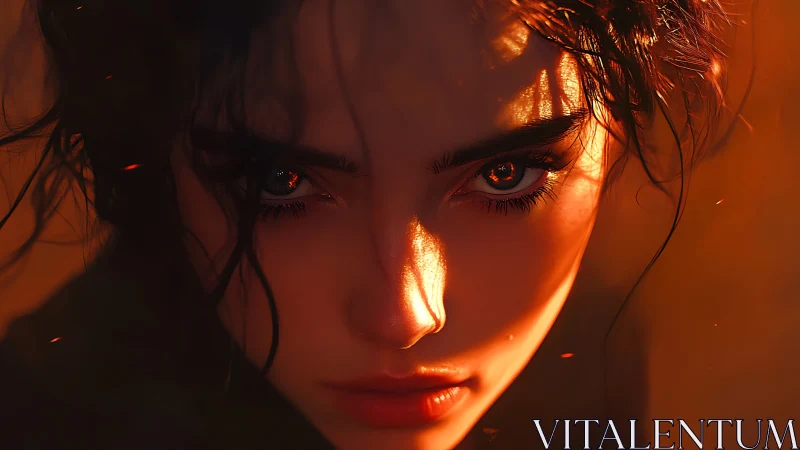 Fiery gaze in twilight glow, a quiet storm of resolve.