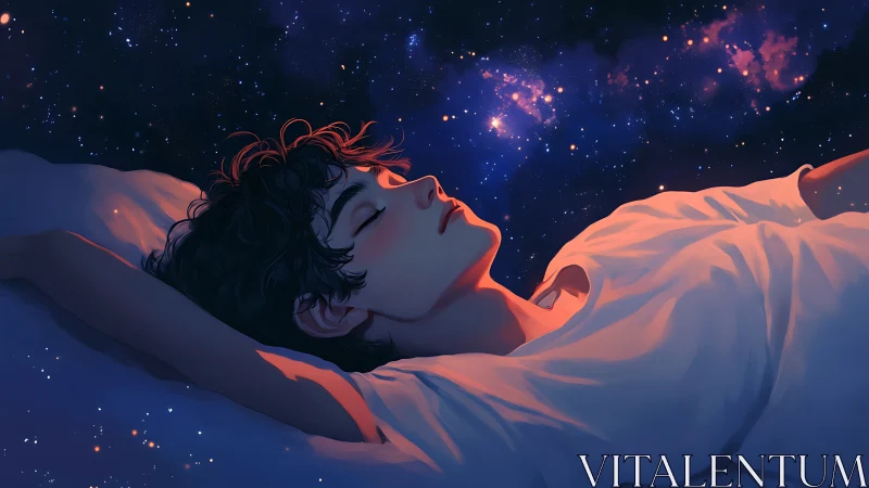 Stargazing dreamer afloat on midnight cosmic pillow.