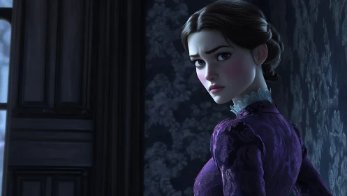 Gothic hallway heroine pausing mid-glance in violet hush.