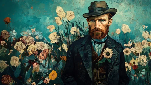 Bearded gentleman stands before lush expressive florals.