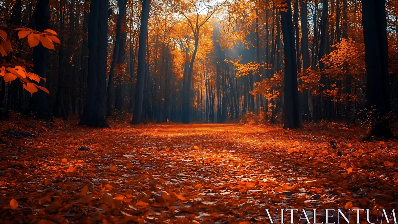 Autumn Forest Path with Golden Canopy Light and Fallen Leaf Texture