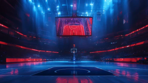 Neon-soaked arena hums as a lonely hoop waits for tipoff