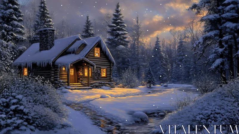 Winter cabin glows warmly while twilight snow drifts softly