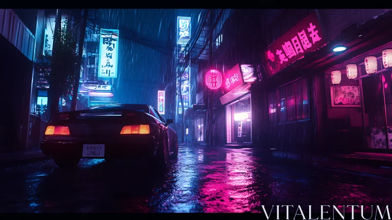 Sports car in neon lit rainy alleyway at night city street
