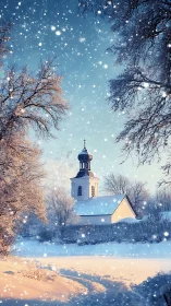 Snowy village church glowing softly in peaceful winter light.