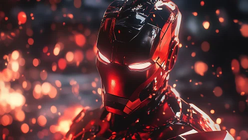 Glowing red armored hero surrounded by sparks of light.