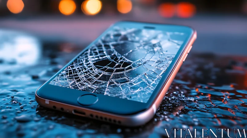 Photorealistic close-up of cracked smartphone on wet pavement.