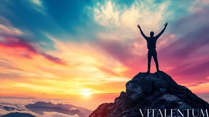 Sky-struck climber crowned by a fire-soaked sunrise.