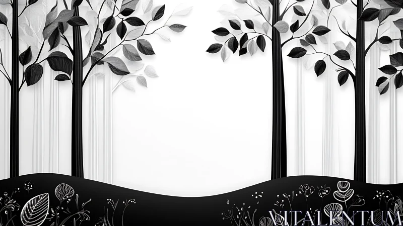 Monochrome Forest Silhouettes with Intricate Foliage Design.