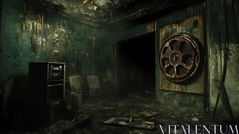 Dilapidated industrial room with large rusted wheel door.