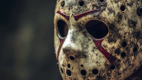 Grimy slasher goalie mask brooding in shallow forest gloom.