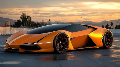 Parametric hypercar in sunset-lit urban test surface rendering.