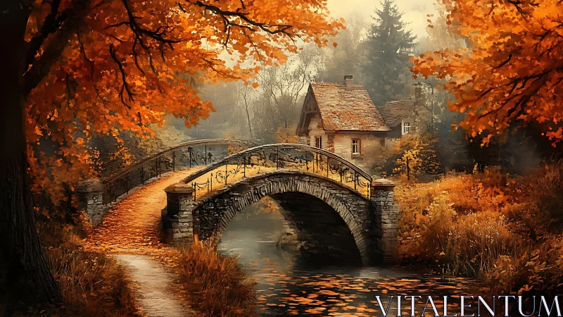 Stone bridge and cottage in dense autumn woodland setting.