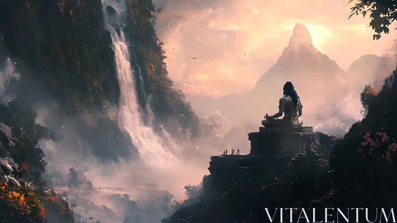 Mountain deity overlooks mist valley and cascading waterfall.