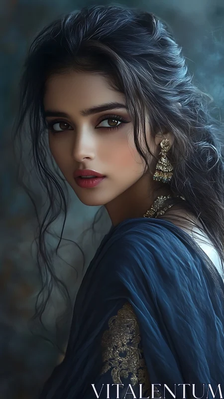 Portrait of woman in blue draped fabric and gold earrings.