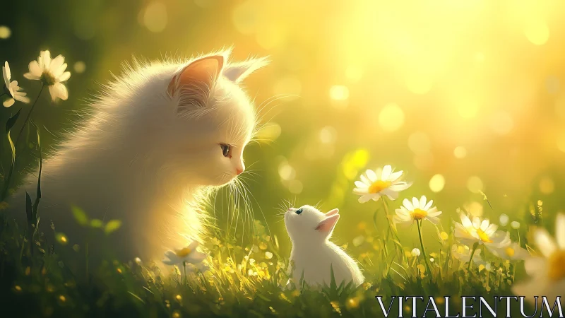 White Cat and Kitten in Golden Sunlit Meadow with Daisies.