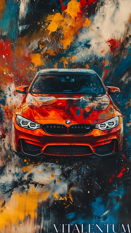 Digital painting of red sports car in abstract splatter field.