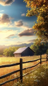 Sunlit barn stands beyond rustic fence in golden meadow