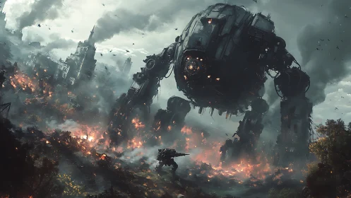 Colossal war mech strides through a burning ruined cityscape