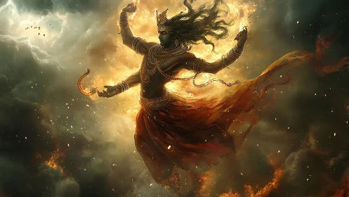 Divine warrior dancing through cosmic firestorm clouds.