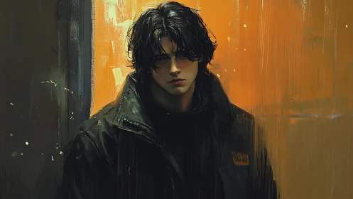 Moody young man in a coat stands against glowing orange wall