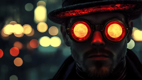Mysterious night wanderer in glowing steampunk goggles.