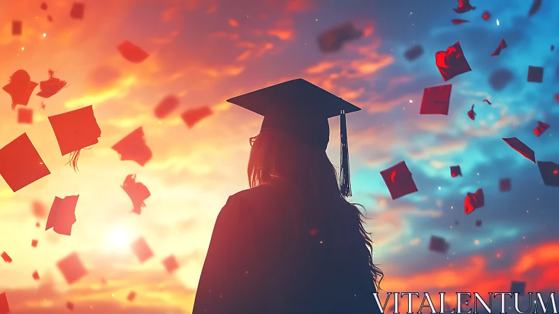 Silhouetted graduate watches caps rise under vivid sunset sky