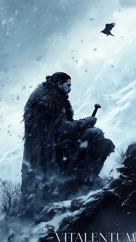 Solitary cloaked warrior kneels in blizzard against icy slope