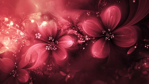 Glowing crimson blossoms drifting in a dreamy, gentle light.