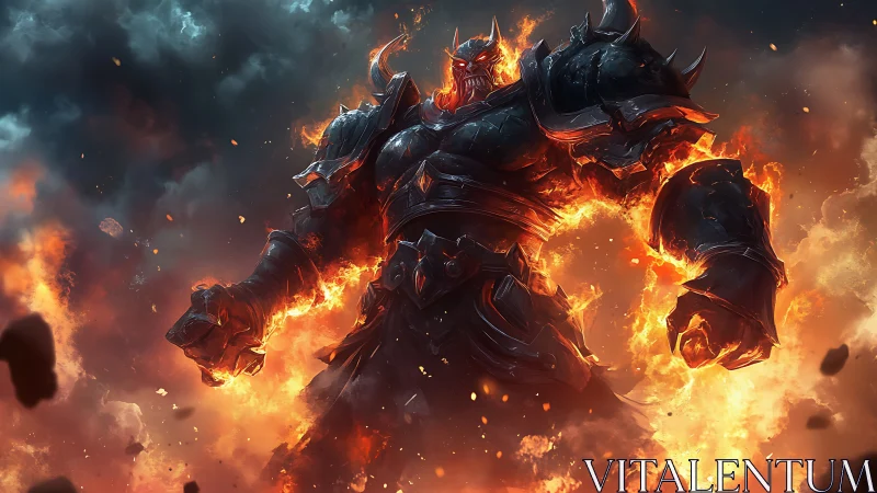 Armored fire entity in erupting inferno against dark sky.